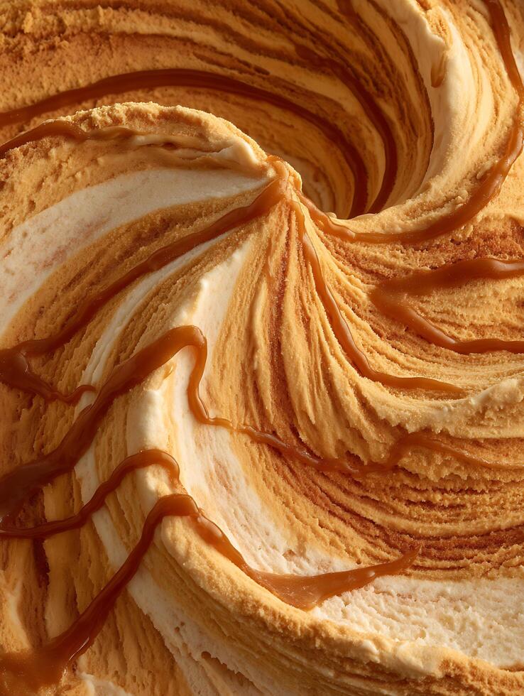 Close up of Creamy Caramel Swirled Ice Cream. A delectable image perfect for food blogs, magazines, and advertising. photo