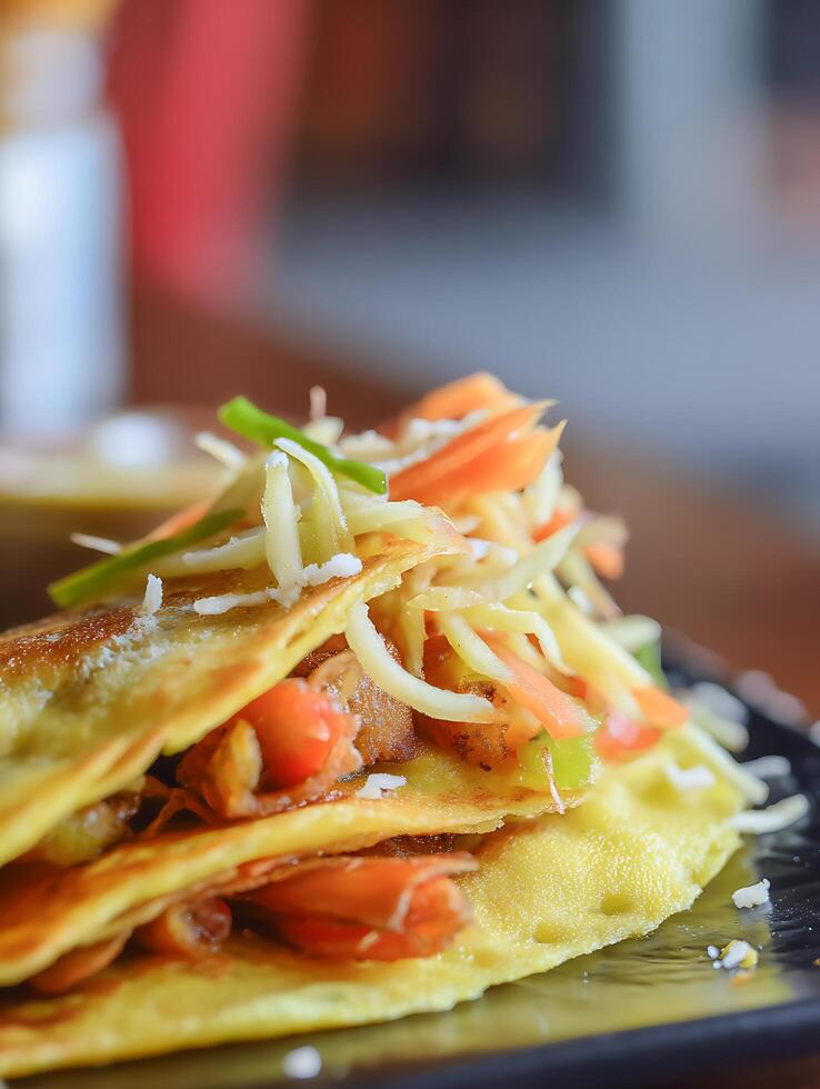 Close up of Delicious Savory Pancakes with Vegetables and Cheese. photo