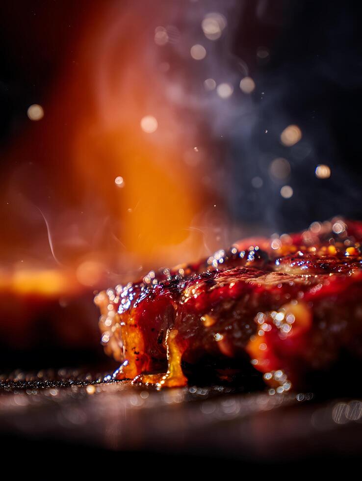 Close Up of a Juicy Steak Sizzling on a Grill with Fire and Smoke. photo