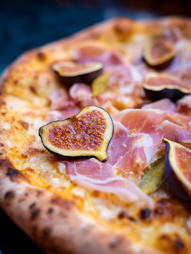 Close up of Delicious Fig and Prosciutto Pizza with Heart Shaped Fig. photo