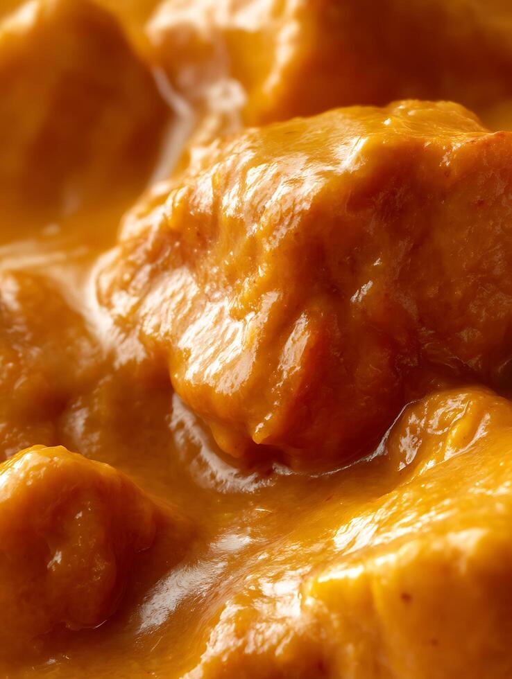 Close Up of Creamy, Golden Curry Sauce with Chunks of Meat. photo