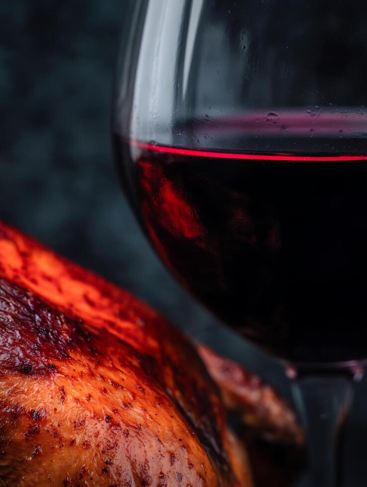 Roasted Chicken and Red Wine A Culinary Delight. Close up image perfect for food blogs, magazines and restaurant menus. photo