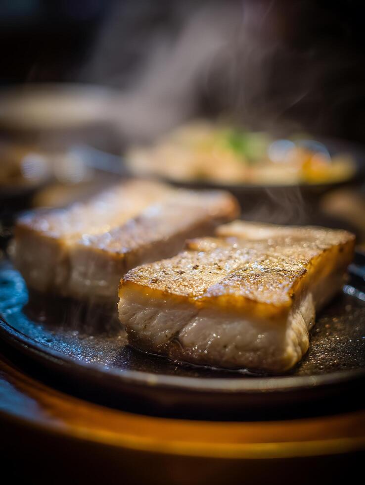 Close Up of Sizzling, Pan-Fried Pork Belly Pieces on a Hot Plate. photo