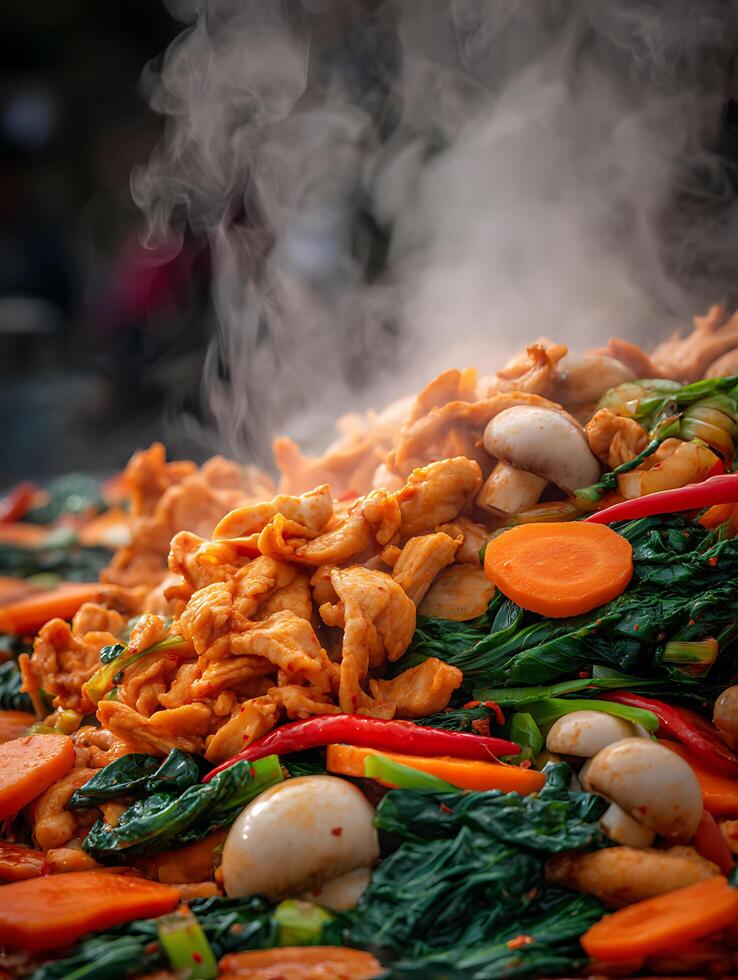 Close up of Steaming Chicken Stir Fry with Vegetables. A Delicious and Aromatic Asian Cuisine Dish. photo