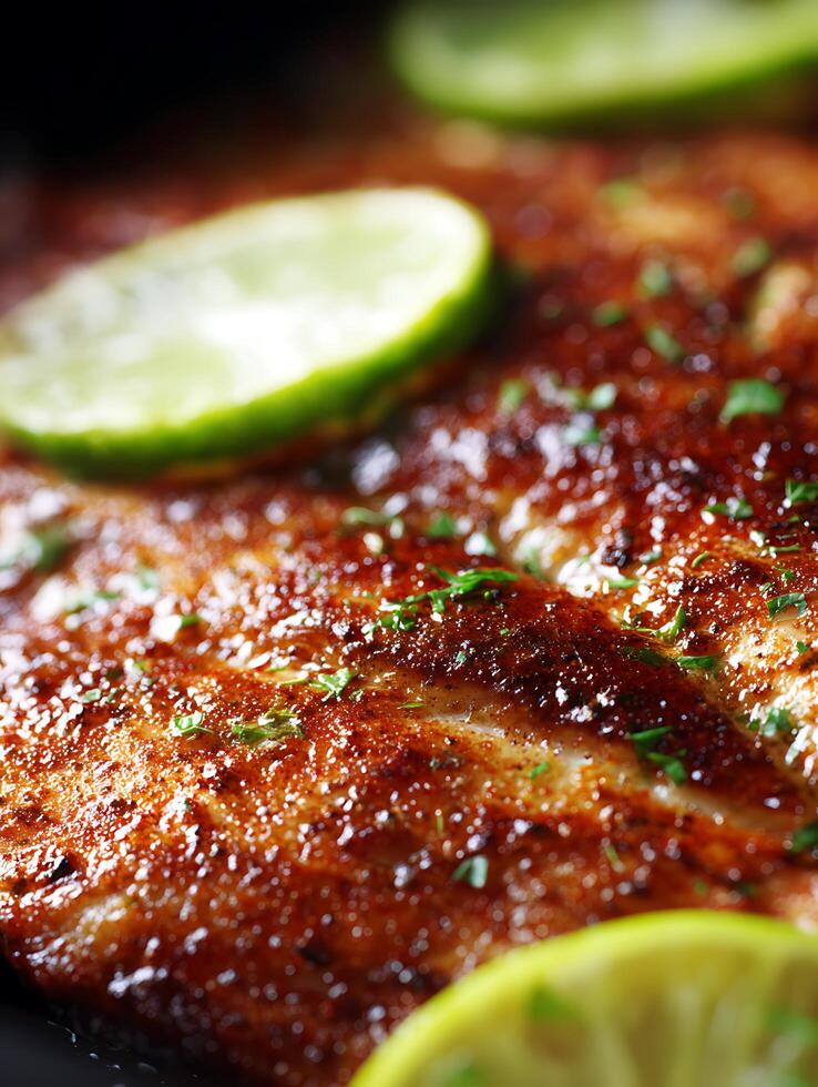 Close Up of Grilled Fish Fillet with Lime Slices. photo