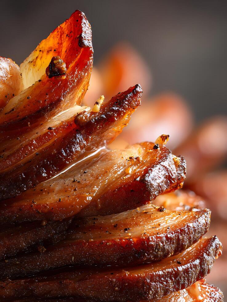 Close Up of Succulent Roasted Pork Belly Slices, Detailed Texture and Rich Glaze. photo