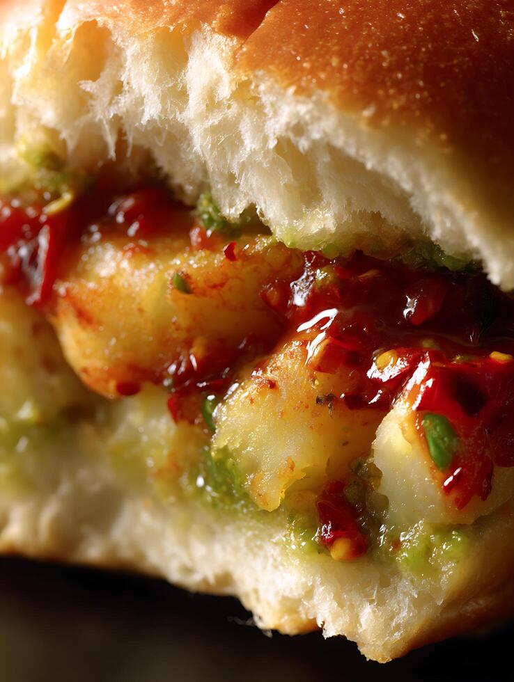 Close up of a delicious vada pav, a popular Indian street food sandwich, showing the texture and vibrant colors of the ingredients. photo
