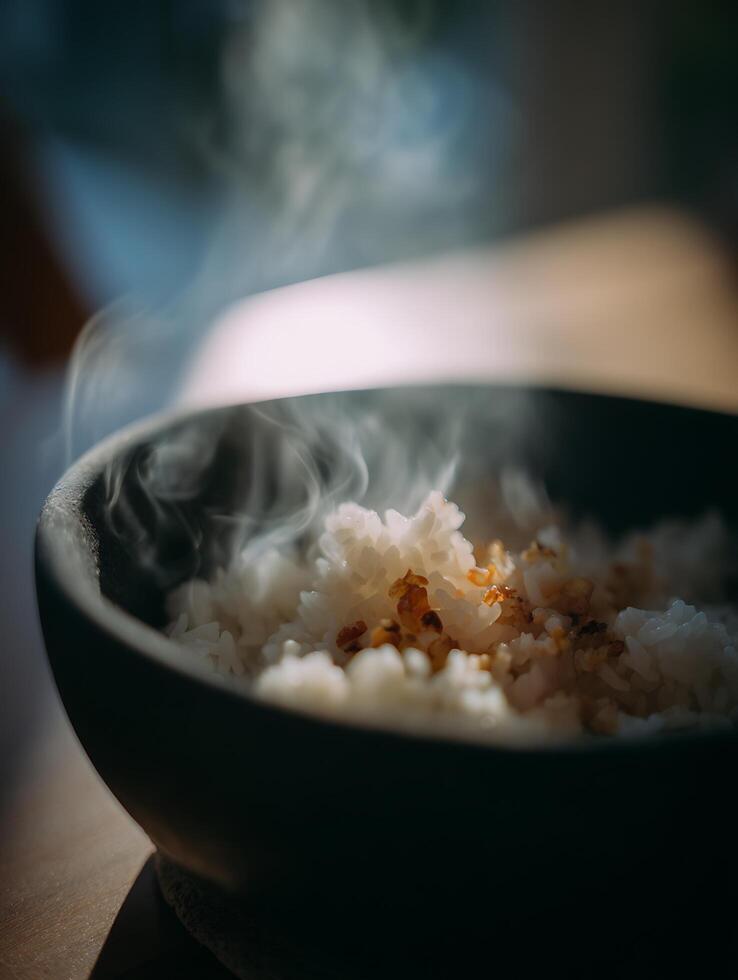 Steaming Hot Rice in a Dark Bowl, Close Up Food Photography. photo