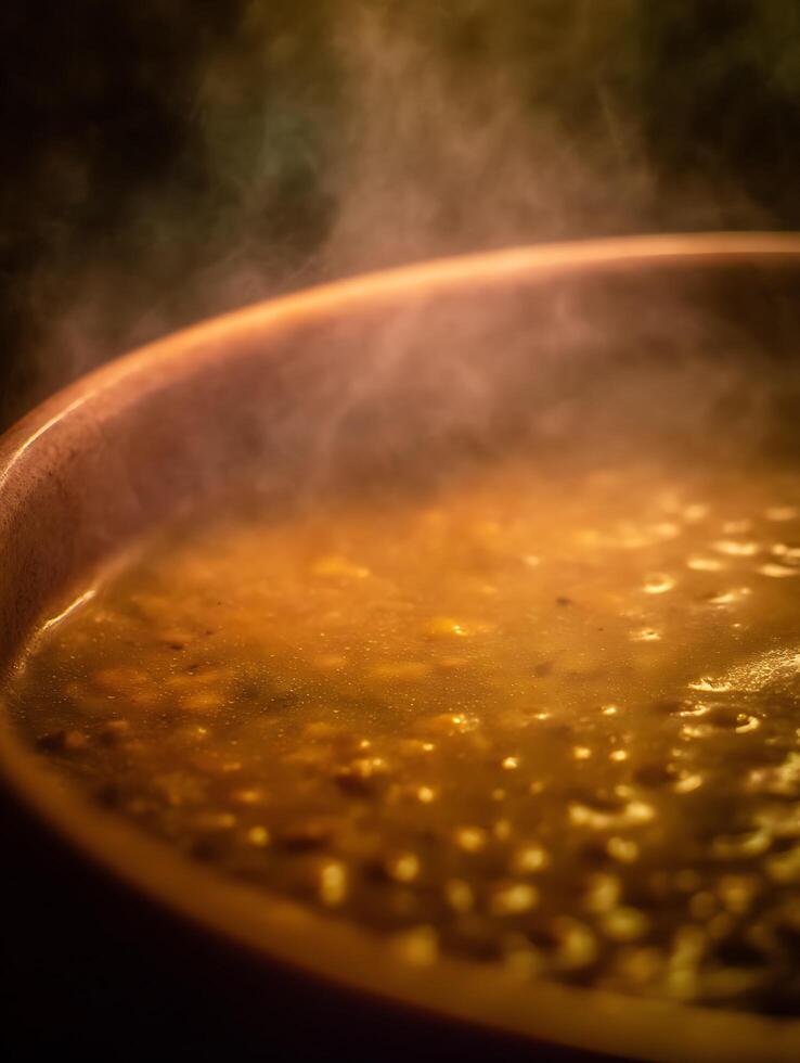 Steaming Hot Bowl of Golden Soup, Close Up Food Photography. photo