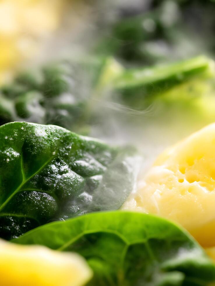 Close up of Steaming Spinach and Pasta, Fresh and Vibrant Food Photography. photo