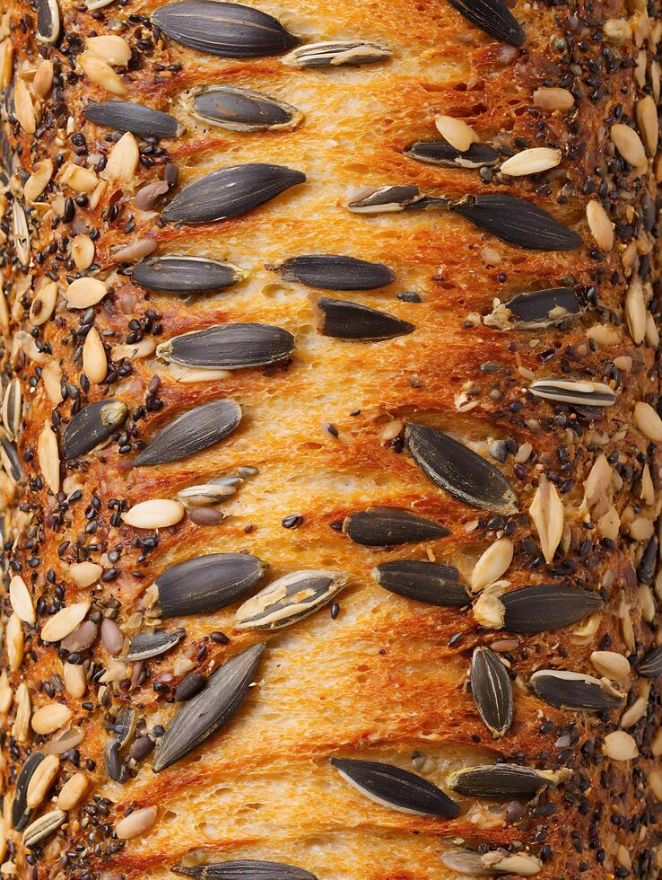 Close Up of Crusty Bread with Mixed Seeds. A detailed image showcasing the texture and variety of seeds in artisan bread. photo