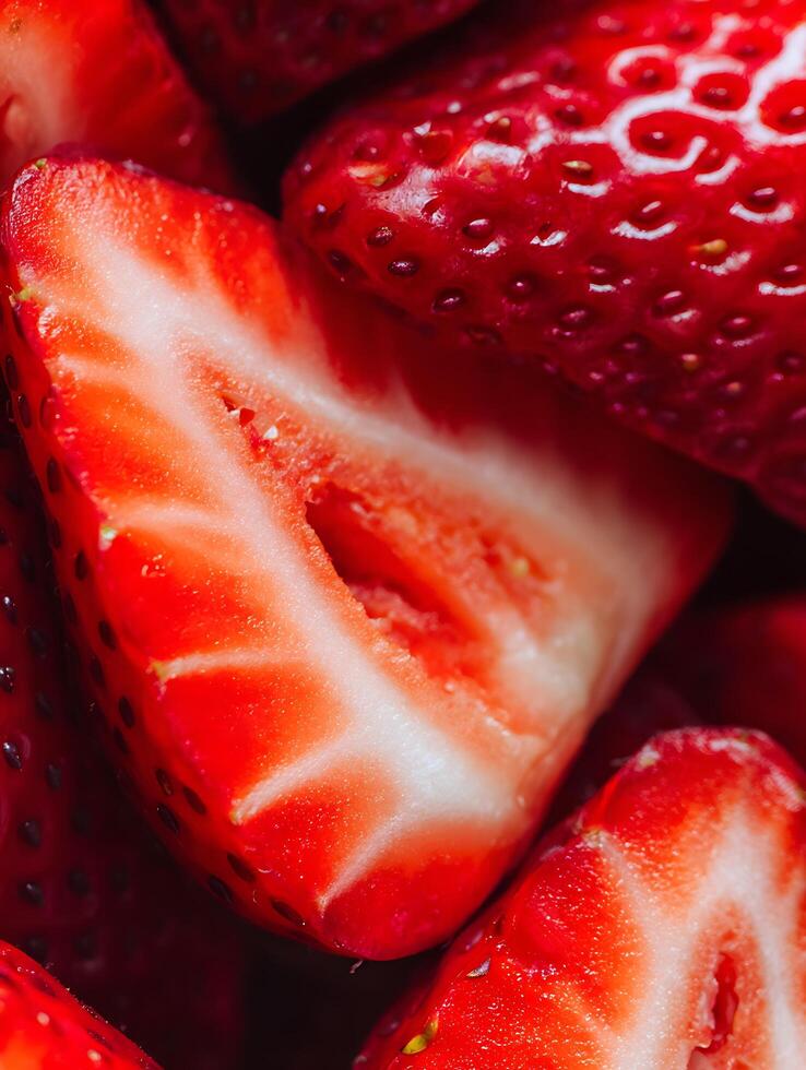 Close Up of Juicy Sliced Strawberries, Fresh and Red. photo
