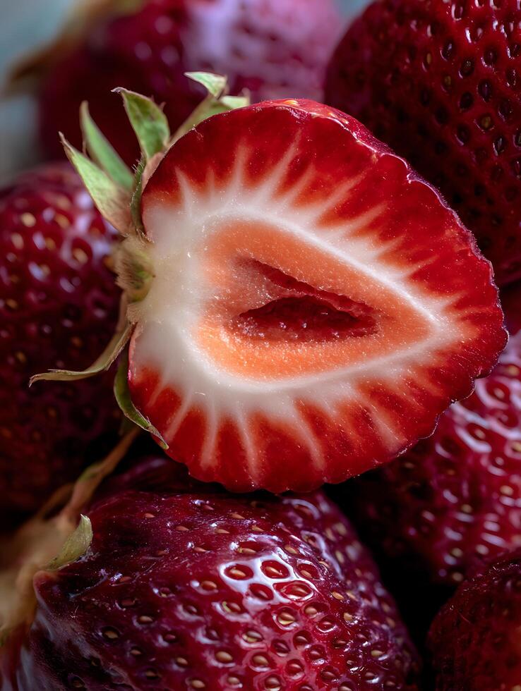 Close Up of a Juicy Strawberry Cut in Half, Surrounded by Other Fresh Strawberries. photo