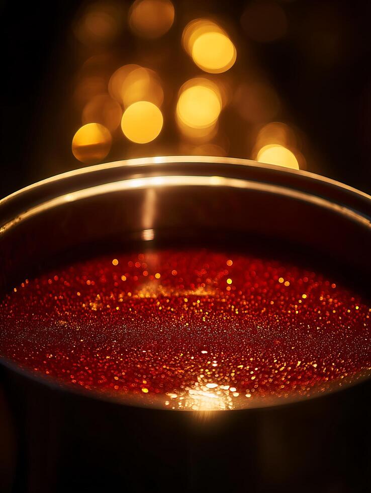 Close up of Glittering Red Liquid in a Metal Bowl with a Bokeh Background. photo