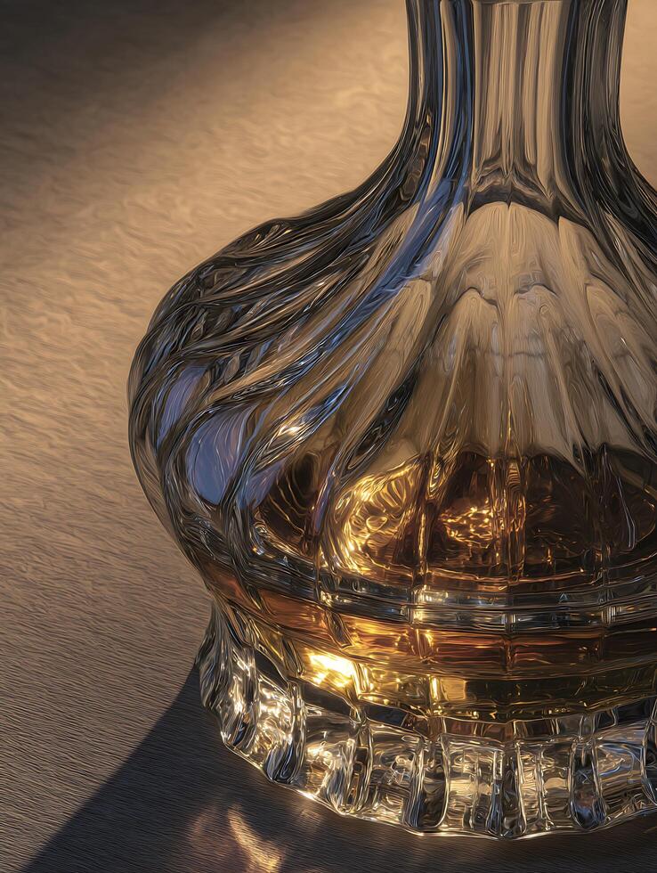 Crystal Decanter with Golden Liquid Close Up of Elegant Glassware. photo