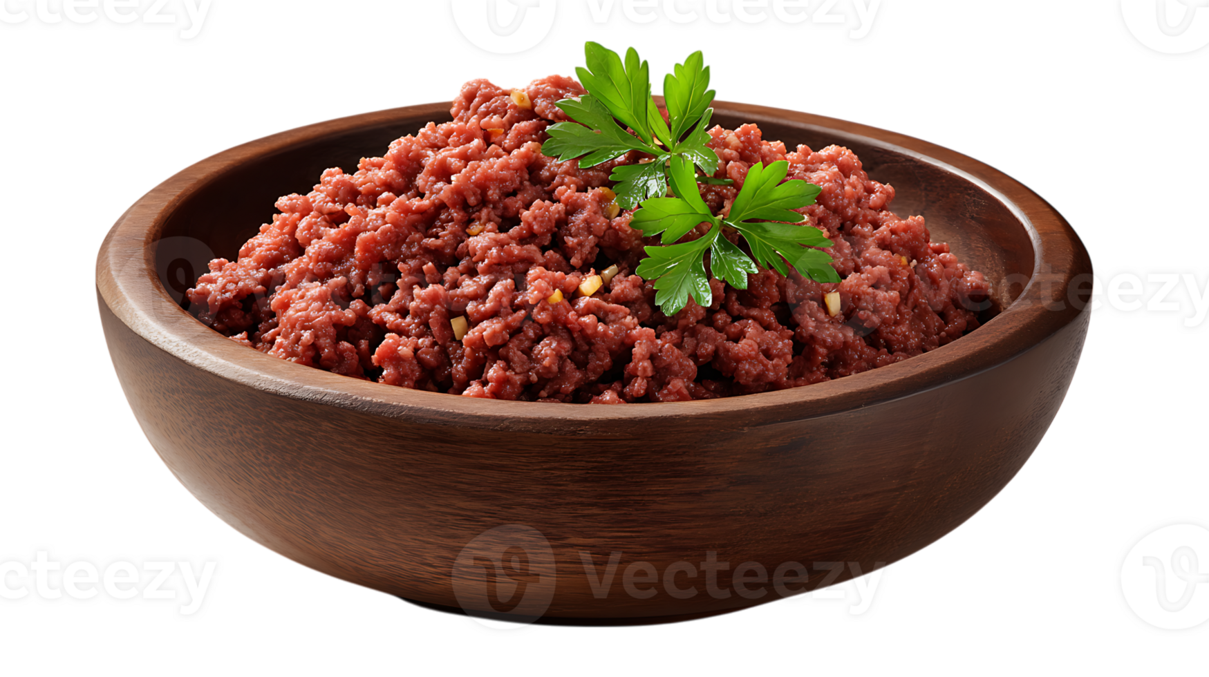 Hearty corned beef hash in a rustic wooden bowl with parsley garnish isolated on transparent background png