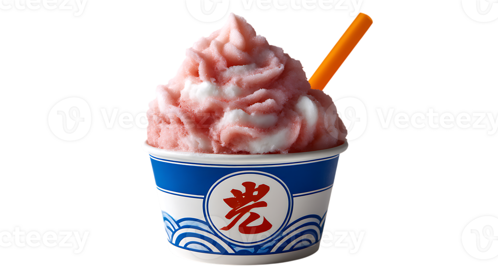 Delicious strawberry and cream shaved ice in a decorative cup with orange straw isolated on transparent background png