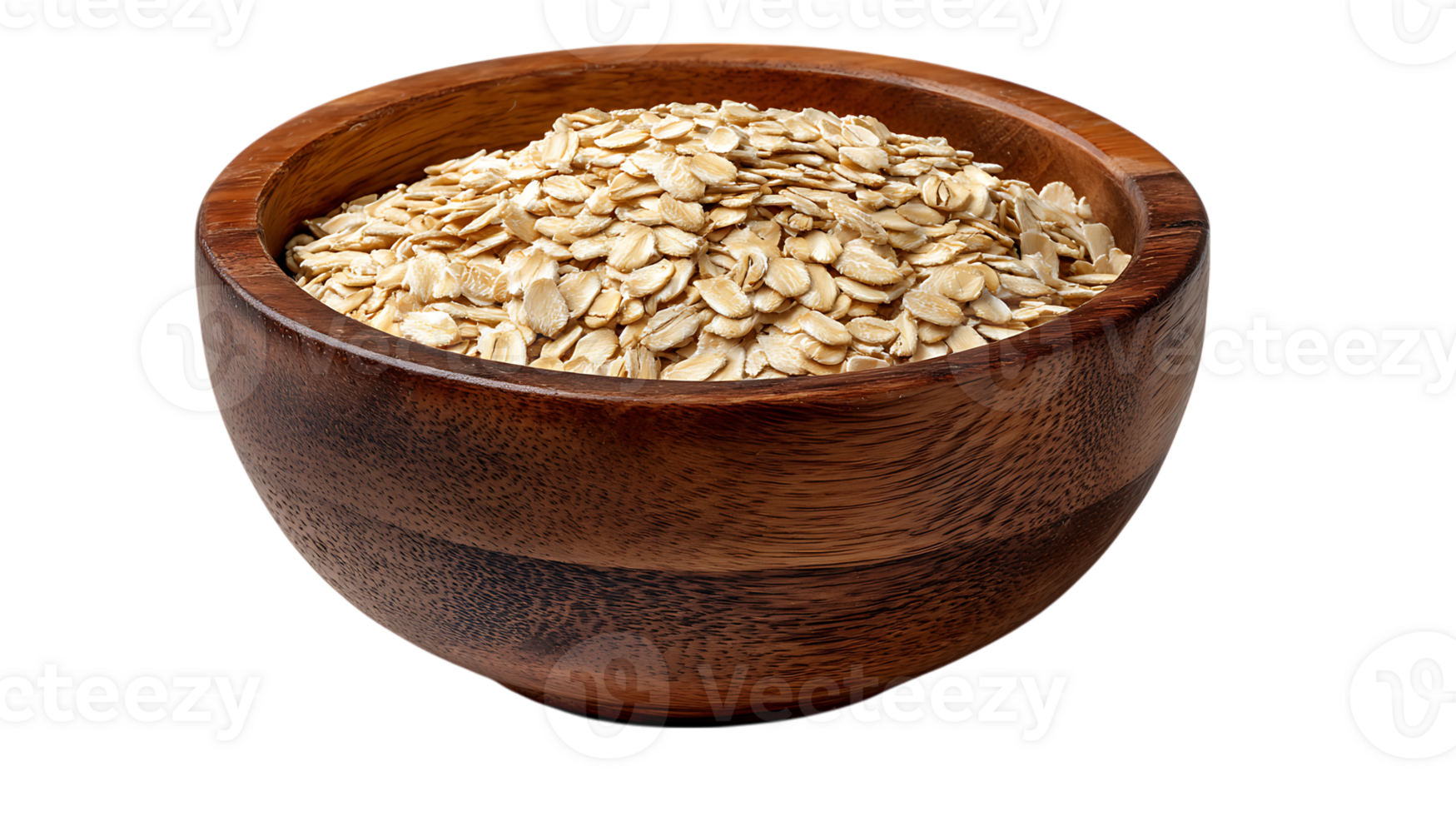 Close up of rolled oats filling a rustic wooden bowl isolated on transparent background png