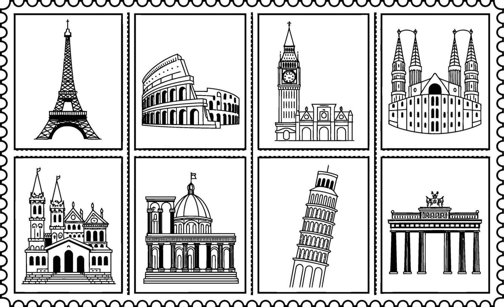 Iconic landmark illustrations across europe presented in a black and white stamp collection vector