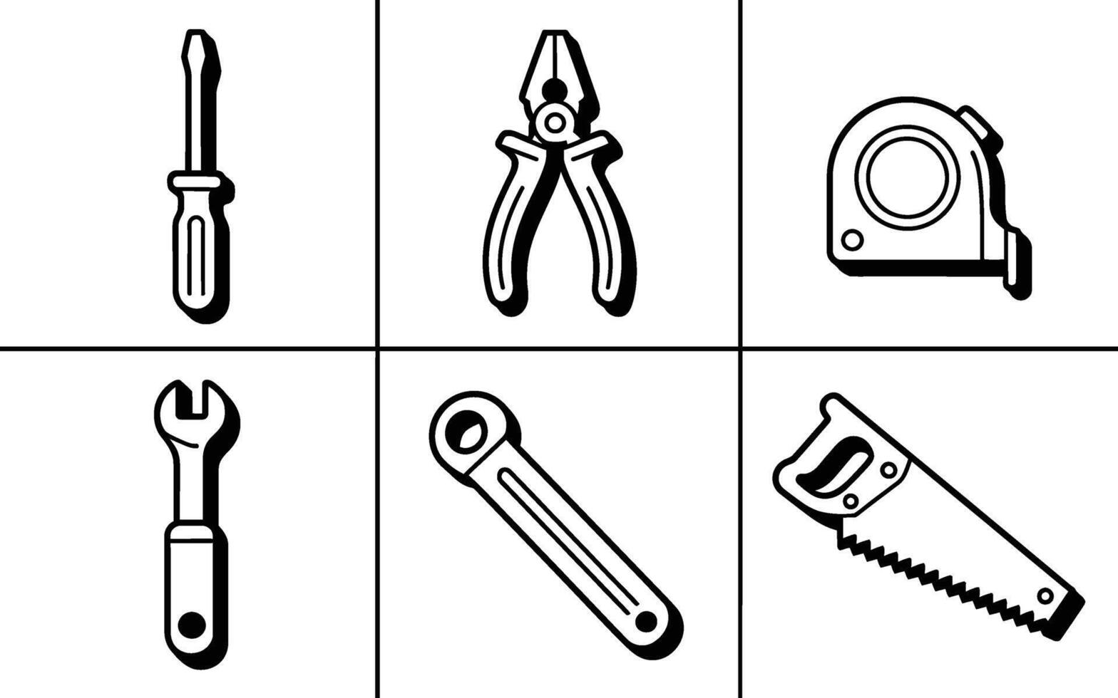 Set of black and white illustration drawings of repair tools for construction projects vector
