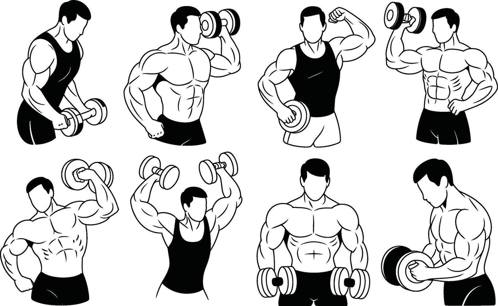 Black and white illustrations of muscular men exercising with dumbbells in various poses vector