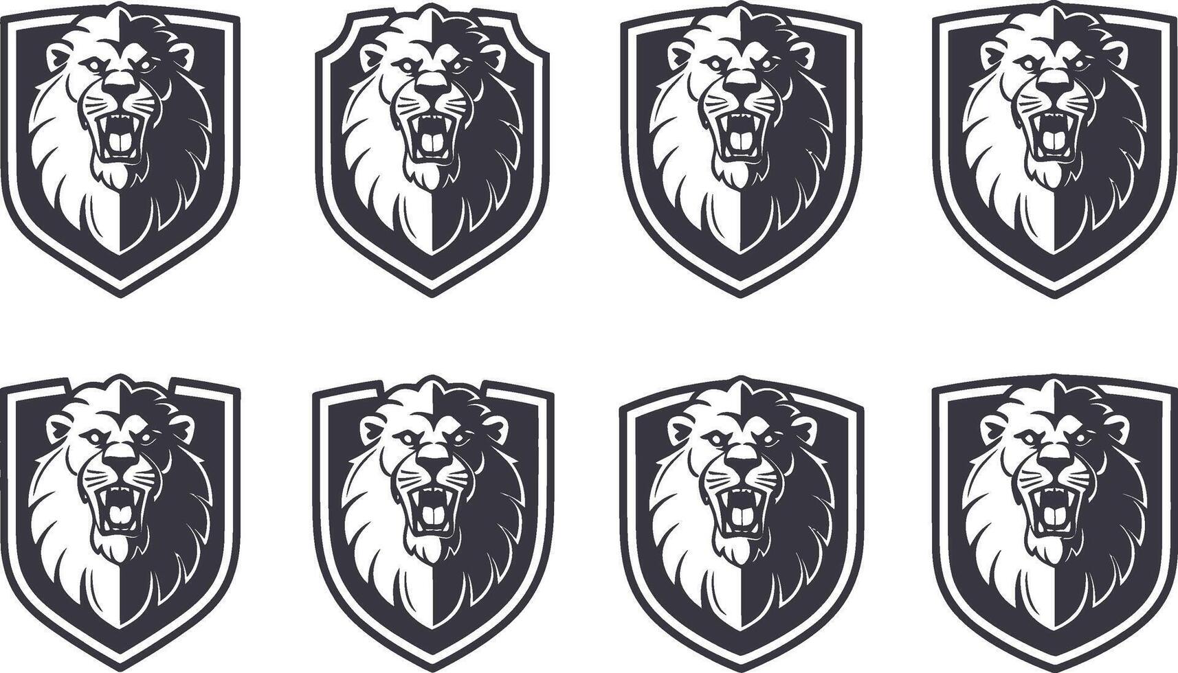 Collection of roaring lion head crests in a shield shape for sports team logos and badges vector