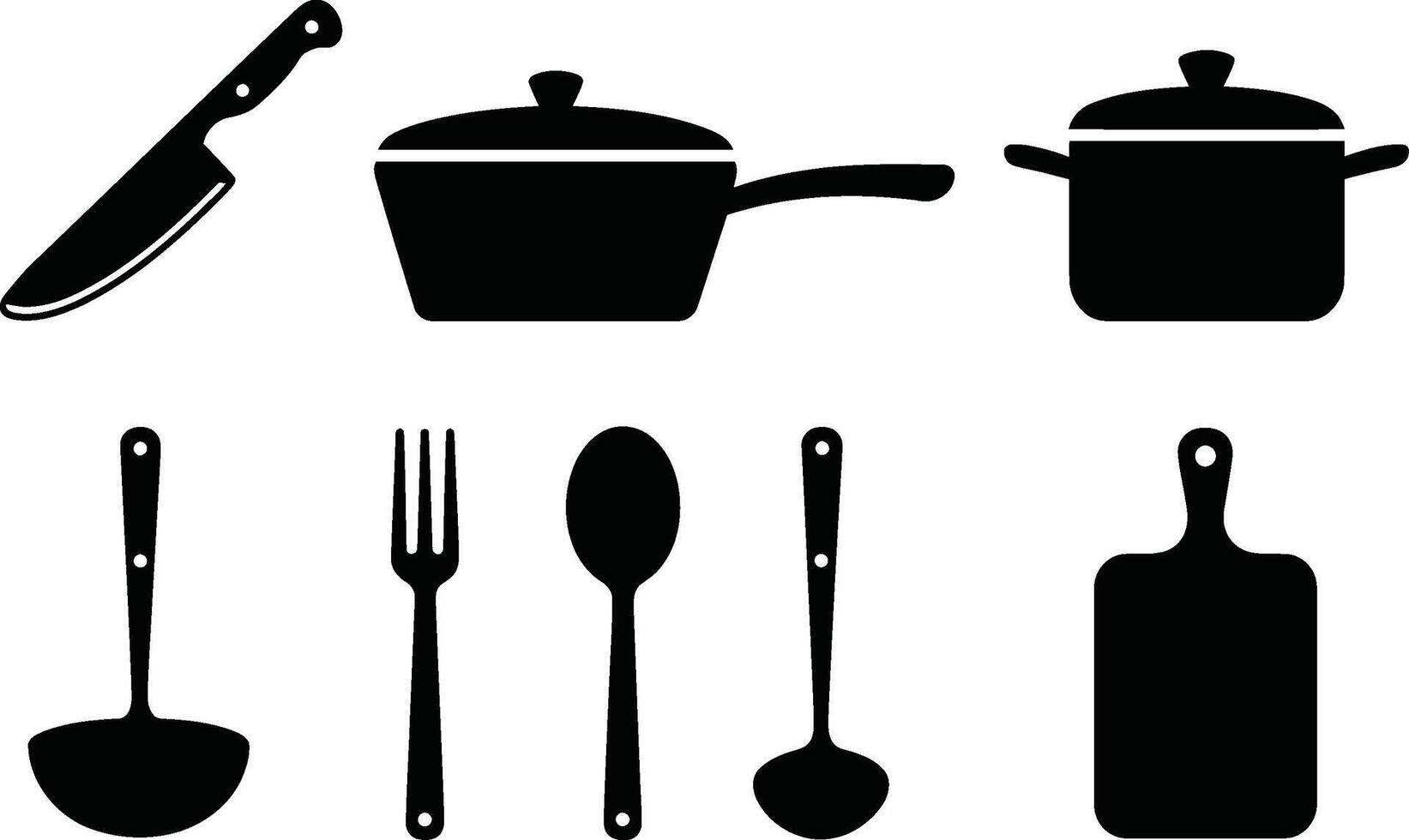 Simple black kitchen utensils and cookware illustrations for cooking and food preparation design elements vector