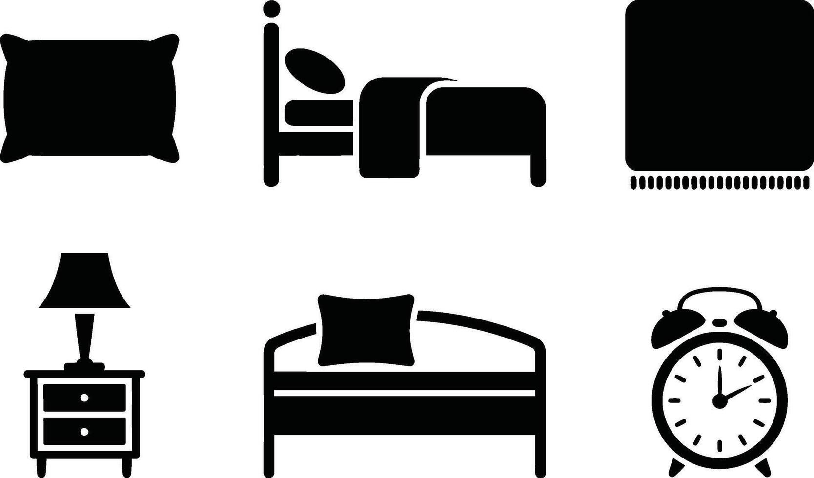 illustration of bedroom icons featuring bed pillows lamp alarm clock and more black silhouettes vector