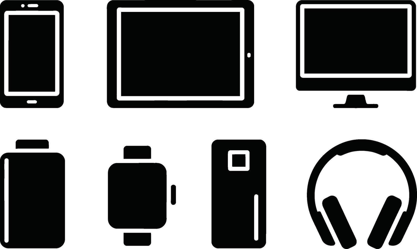 illustration of a set of various modern digital devices and gadgets in monochrome black style. vector