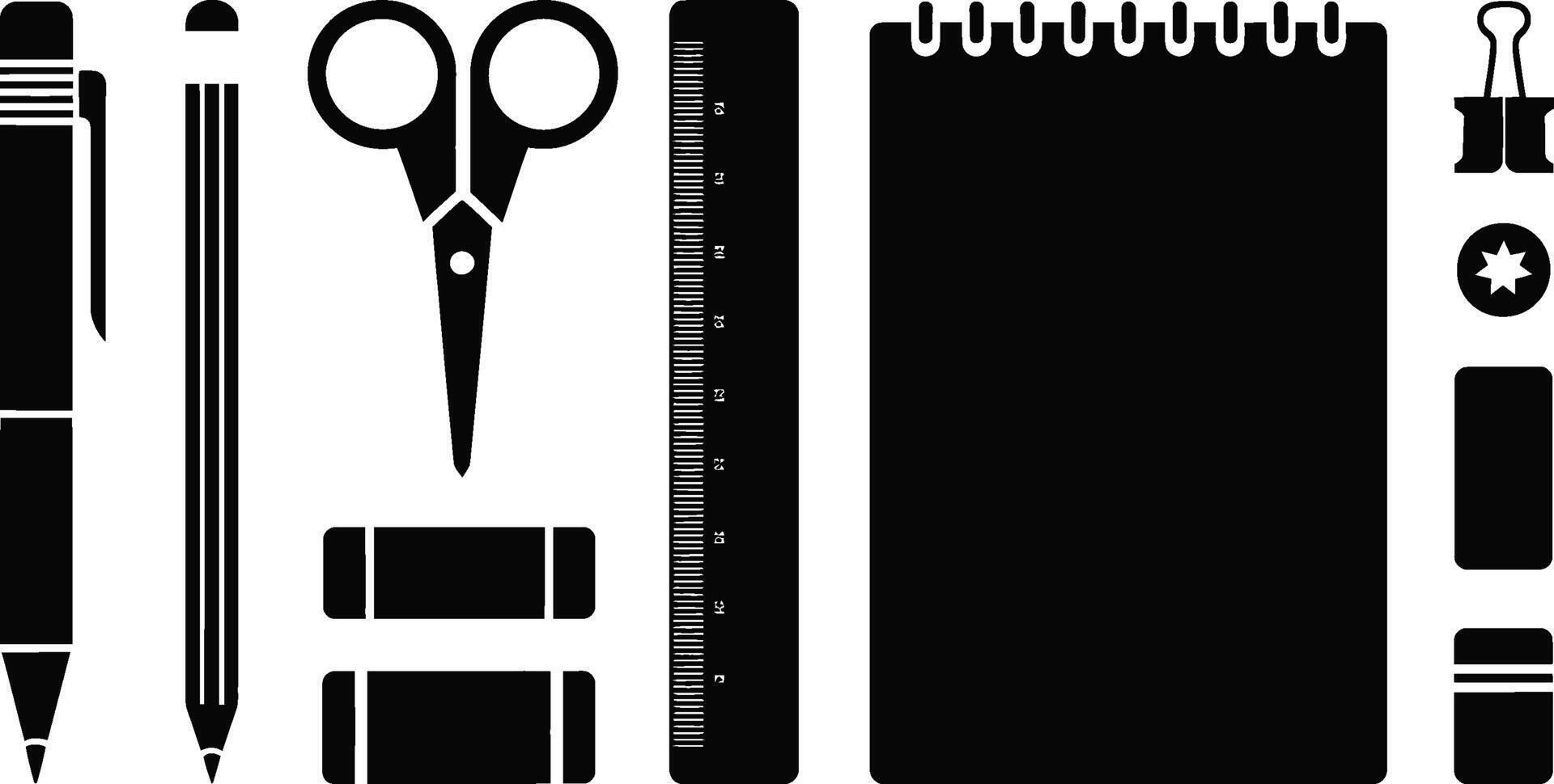 Flat black and white illustration of essential office and stationery supplies arranged vector