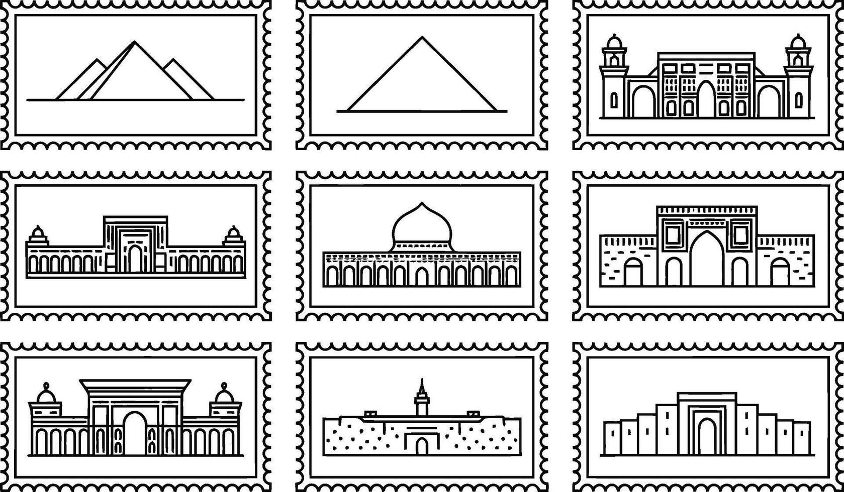 Iconic landmarks and ancient pyramids depicted in a simple black and white stamp collection vector