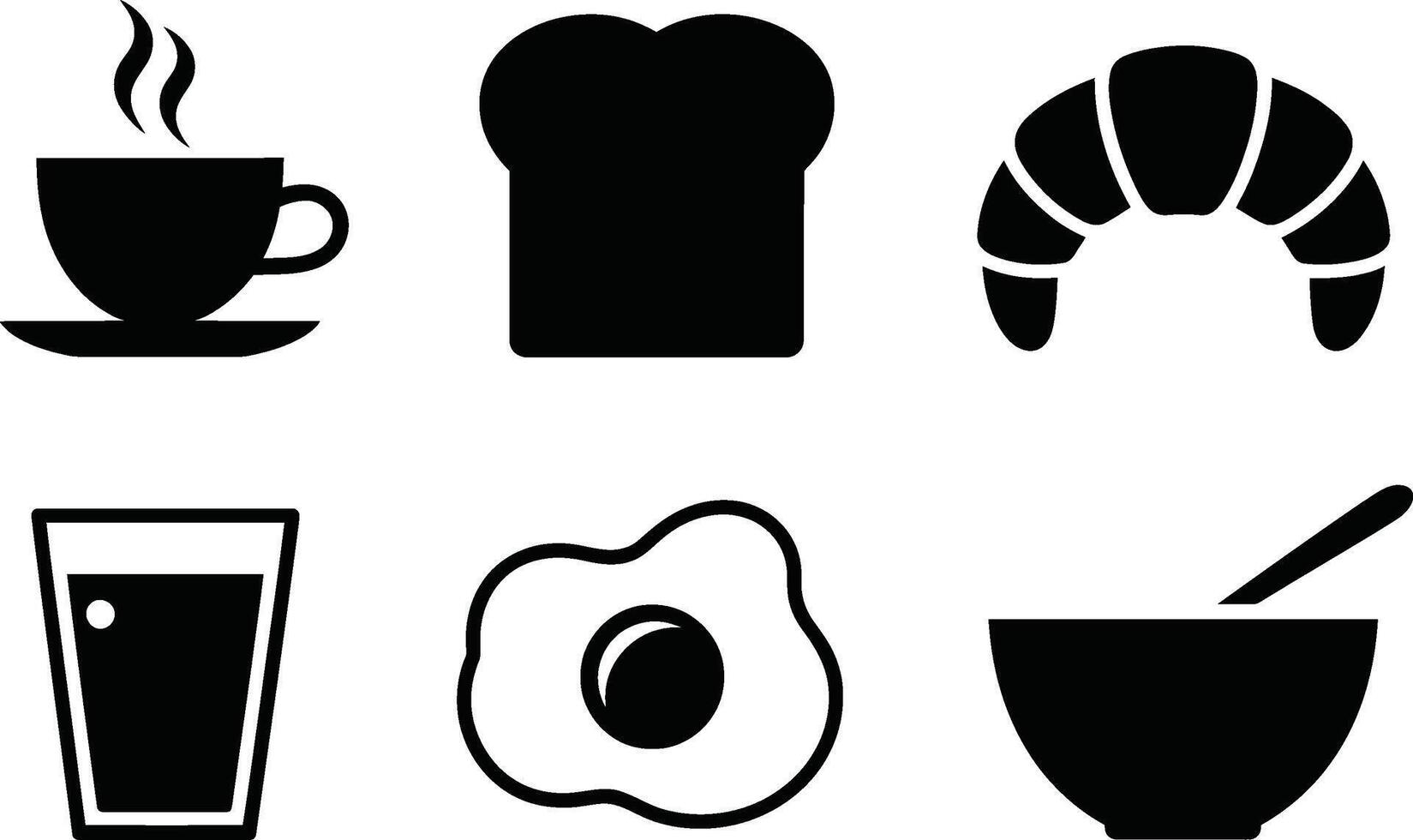 Simple black and white breakfast icons including coffee toast croissant egg and cereal bowl vector