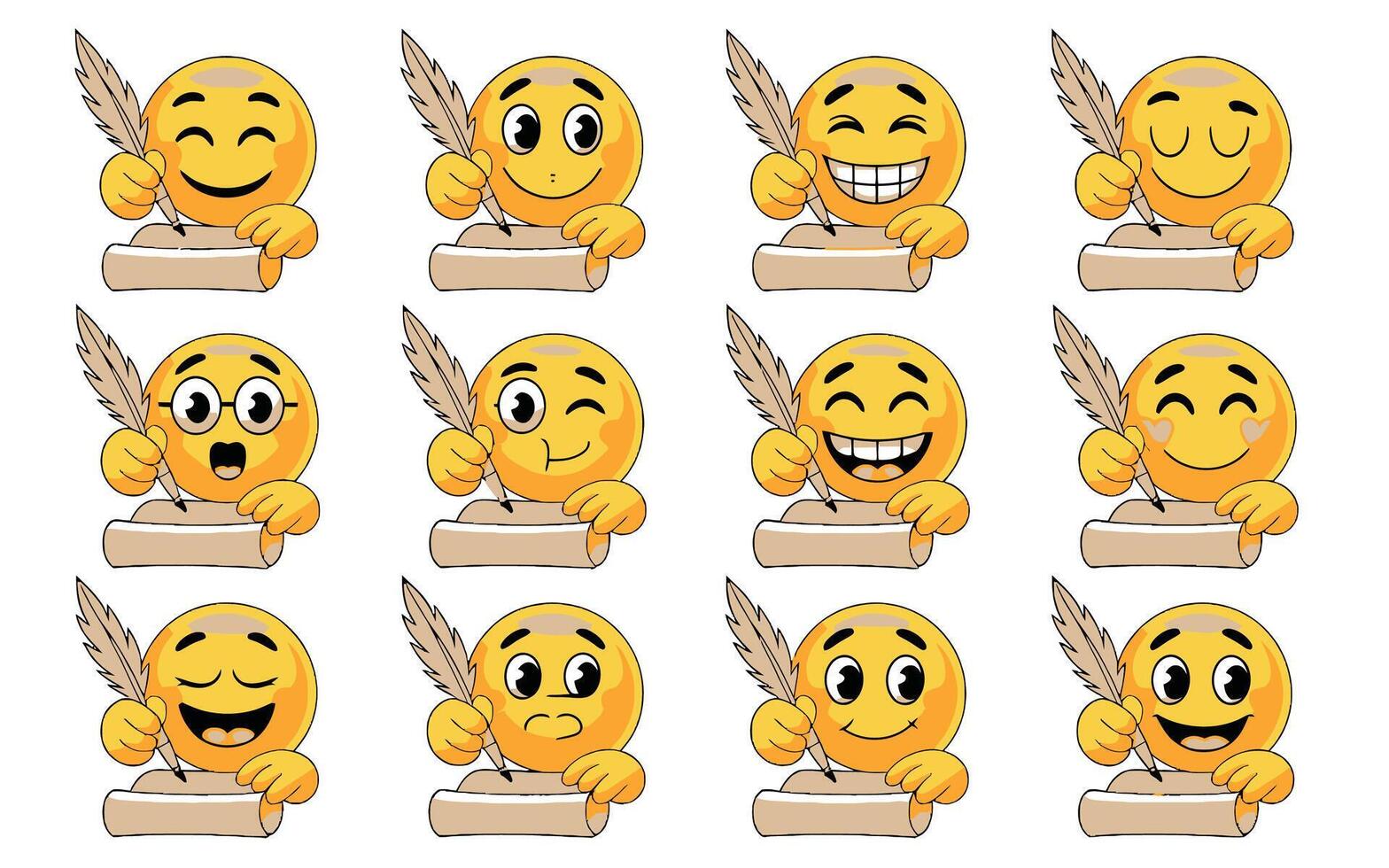 Set of emoji characters with various expressions using a feather pen and scroll vector