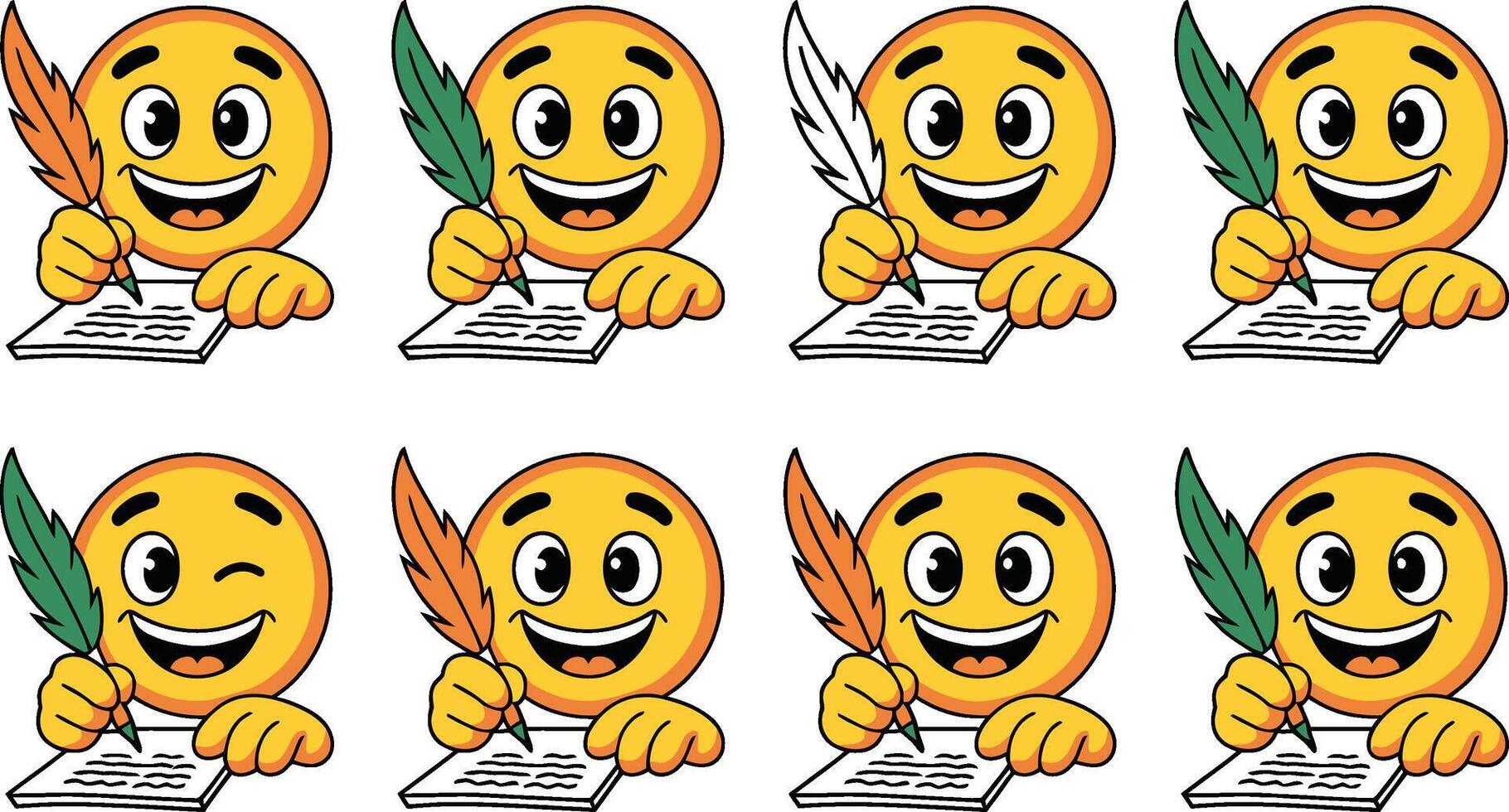 Cheerful emoji characters writing with feather quill and paper sheet illustrating communication vector