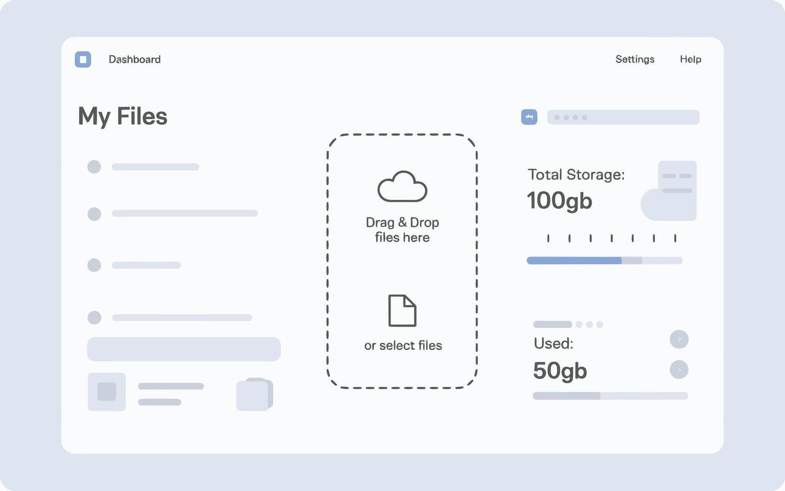 User interface design for my files cloud storage drag and drop uploading and storage capacity display. vector