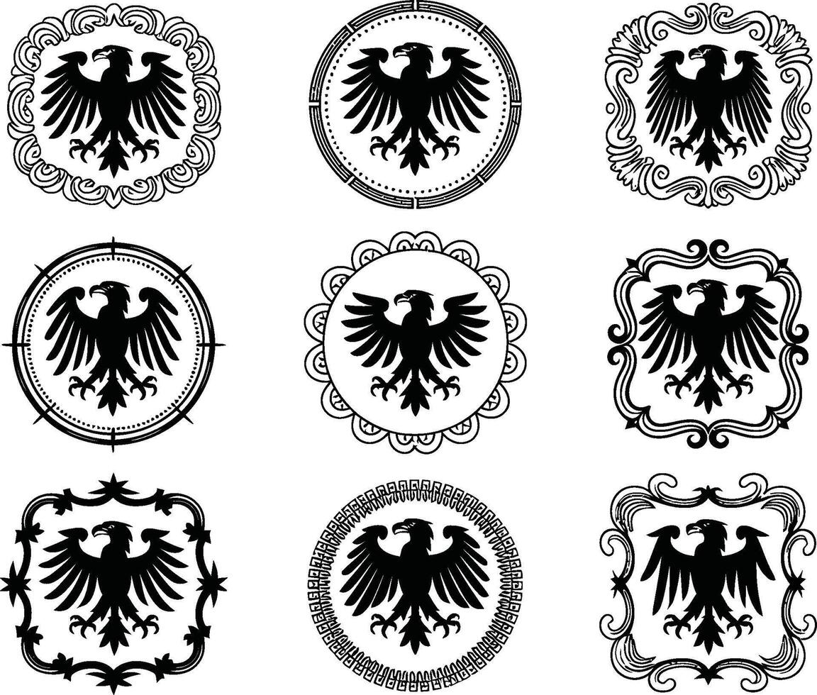 Set of nine detailed black eagle emblems with ornate frames in various designs vector