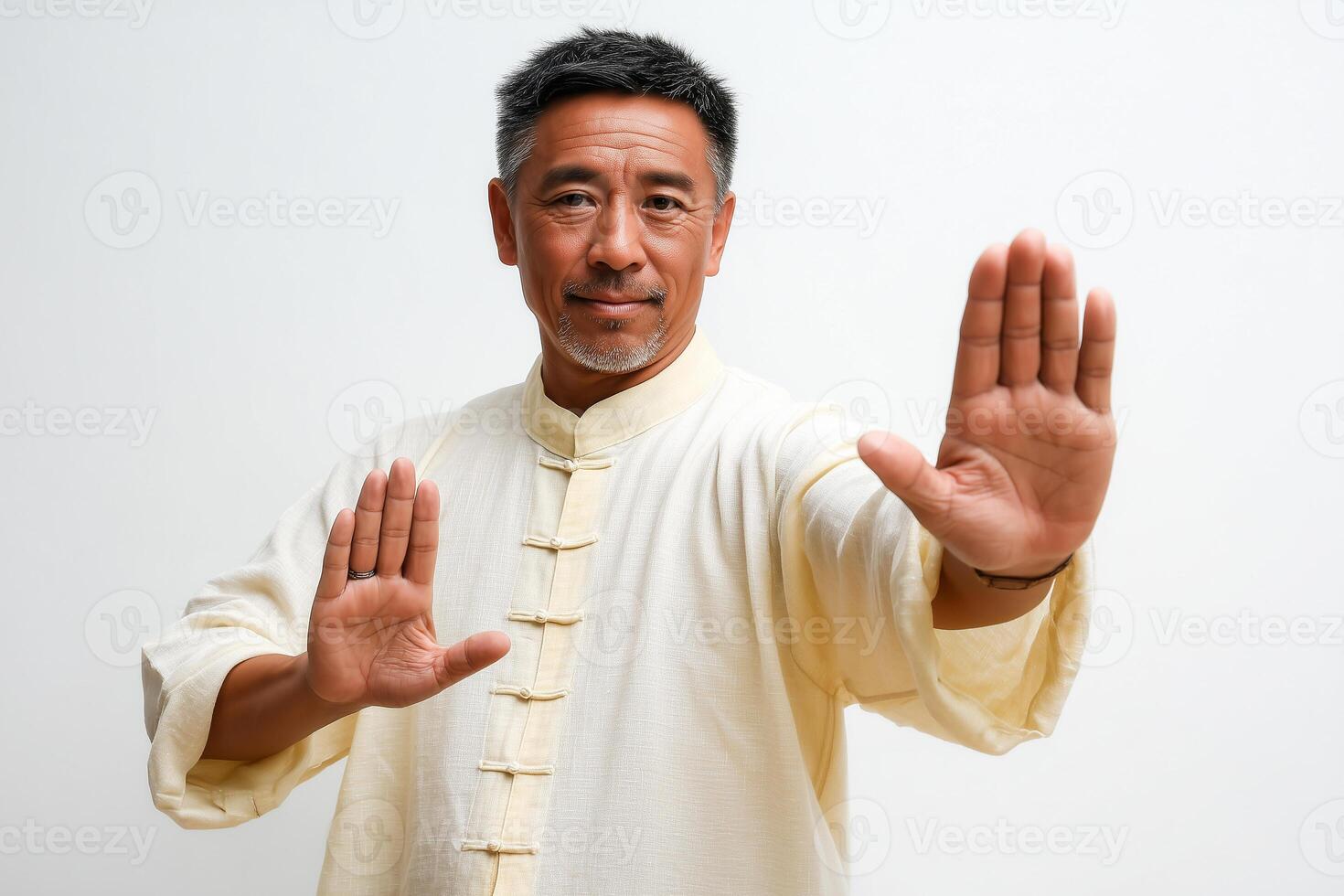 Relaxed Japanese man practices Tai Chi hand gesture in serene environment on white background photo