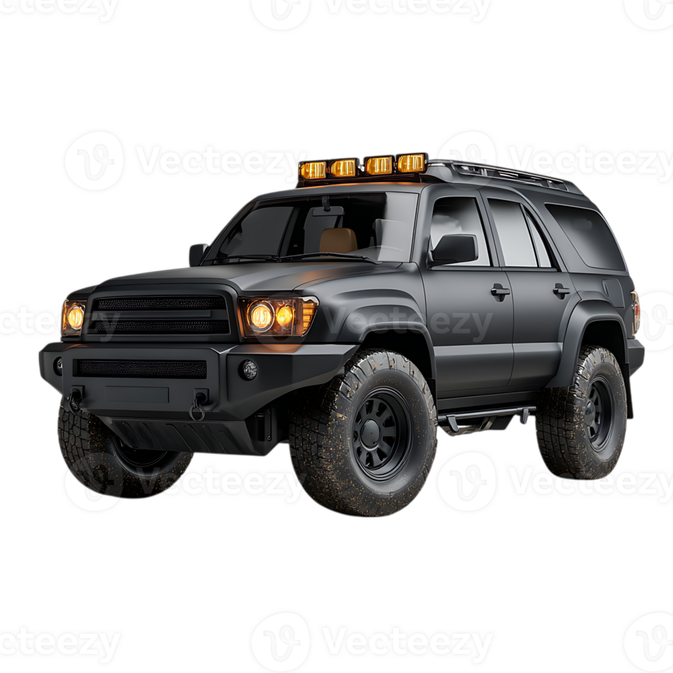 Rugged dark gray off road suv with amber lights and muddy tires isolated on transparent background png