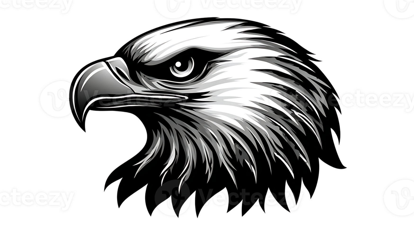 Detailed illustration of a bald eagle head in grayscale isolated on transparent background png