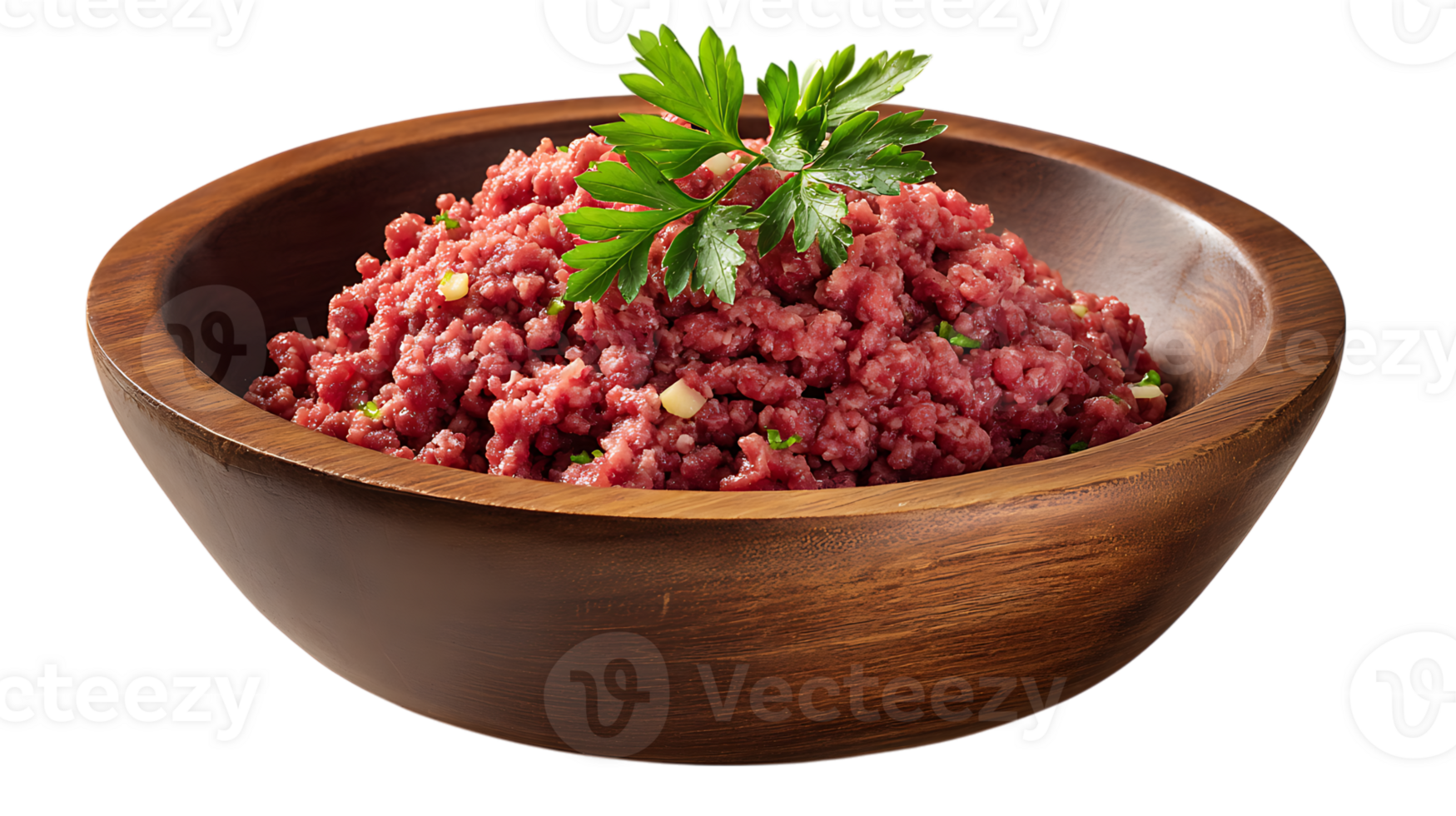 Wooden bowl filled with raw ground beef seasoned with herbs and garlic isolated on transparent background png