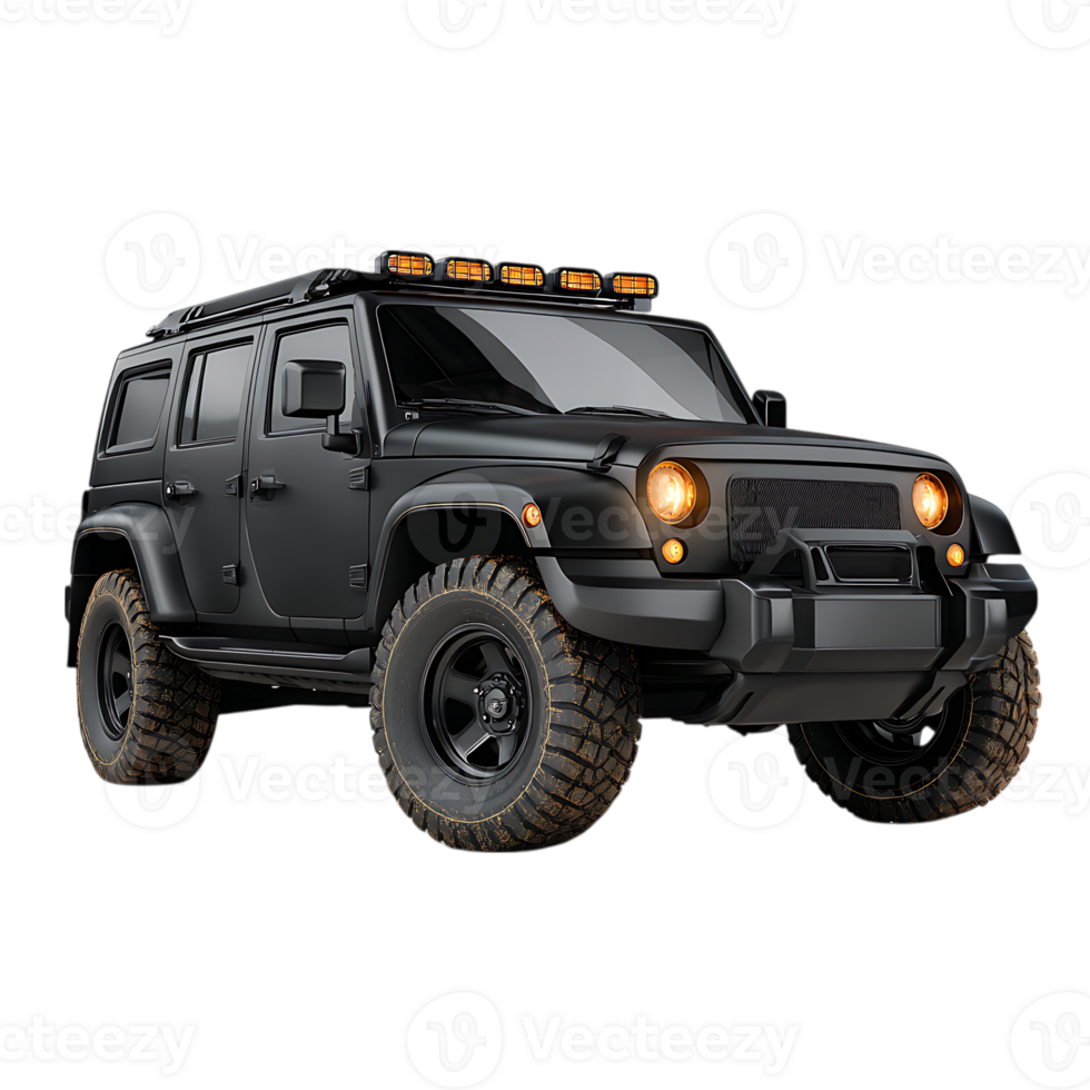 Rugged black off road suv with roof mounted light bar isolated on transparent background png