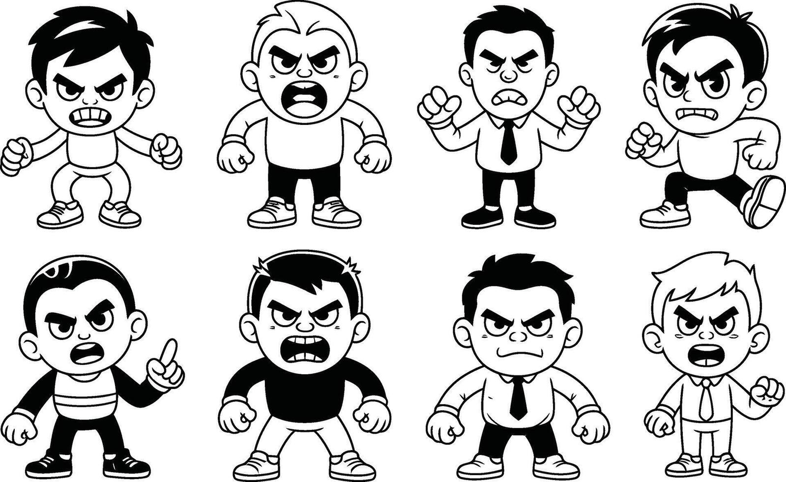 Cartoon characters displaying anger and frustration in various poses and outfits black and white vector