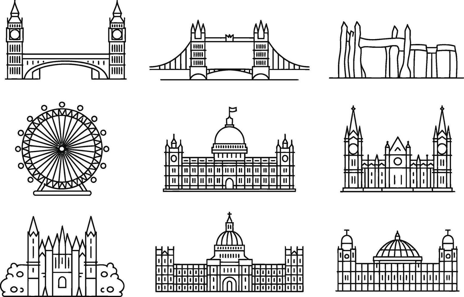 London landmarks line art illustration featuring iconic british architecture and monuments vector