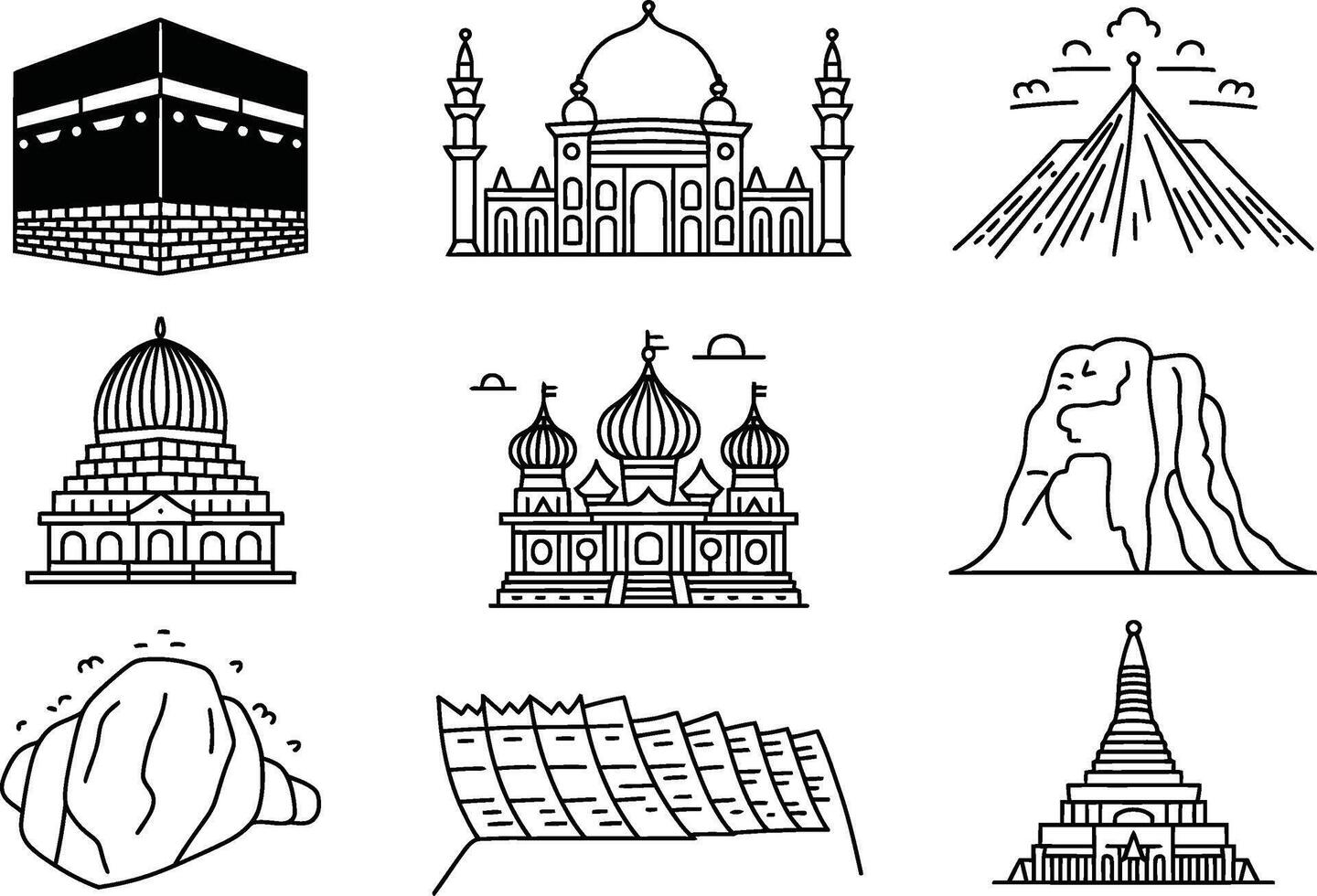 Minimalist line art icons of famous landmarks and religious monuments in black and white vector