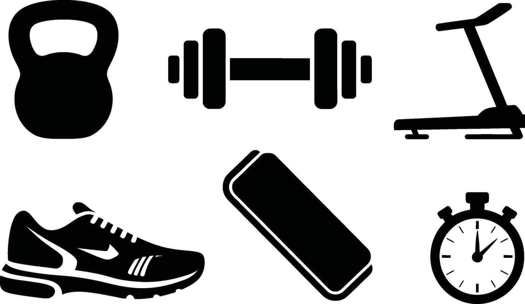 Black and white illustration of various gym equipment for fitness and exercise workouts vector