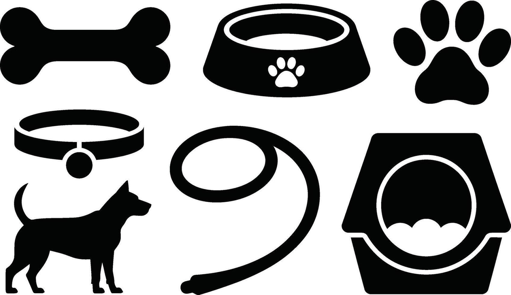 Black silhouette illustration of dog related items including bone bowl collar leash and dog carrier vector