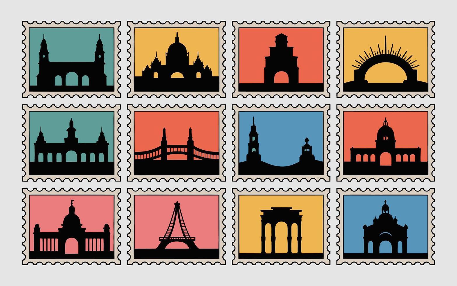 Vintage postage stamps illustrating famous landmark silhouettes on colorful backgrounds vector