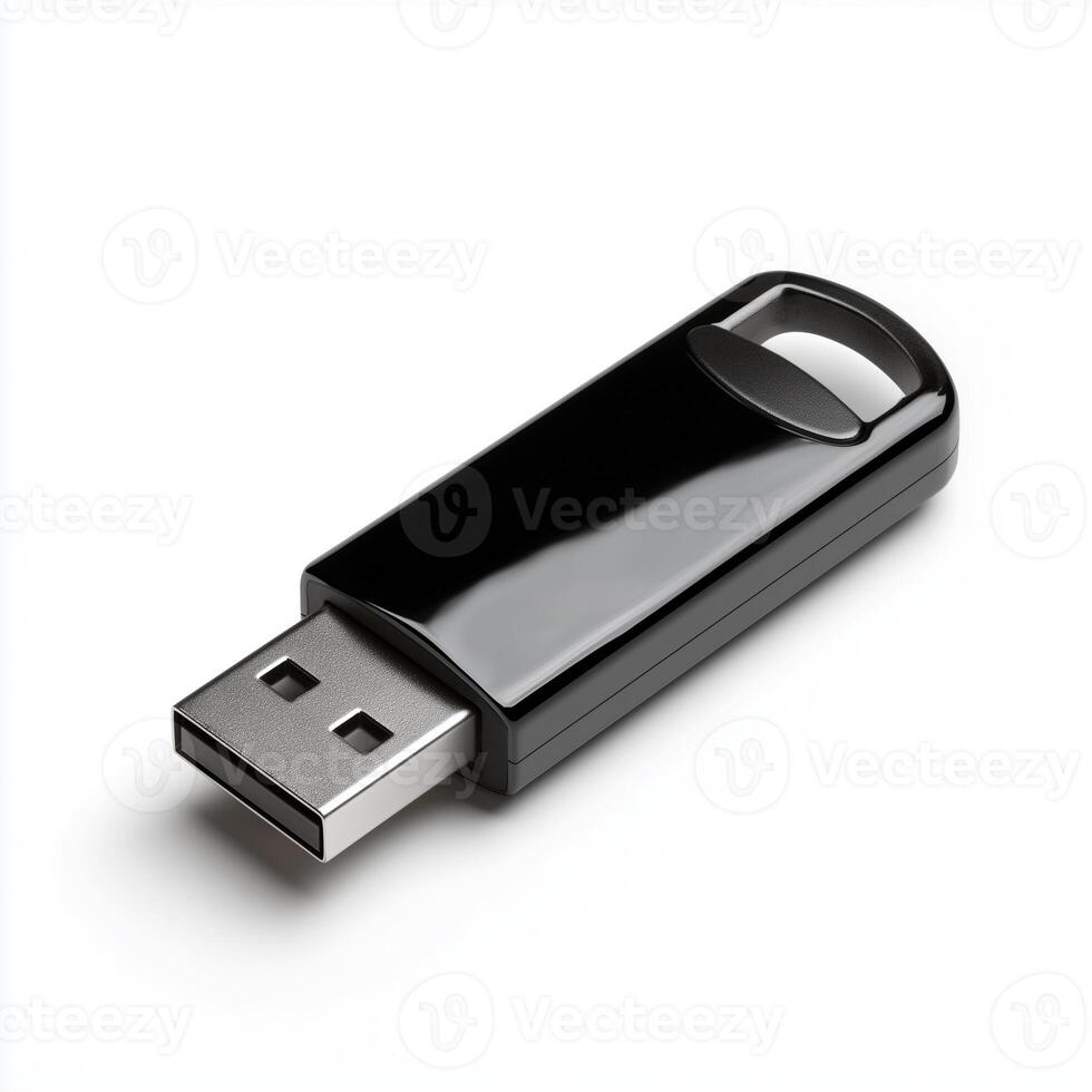 Glossy black flash drive isolated on a white background perfect for data storage and transfer needs photo