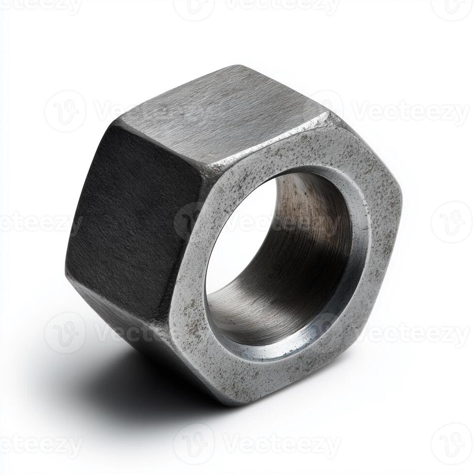 Matte gray metal nut on white background with focus on industrial hardware design photo