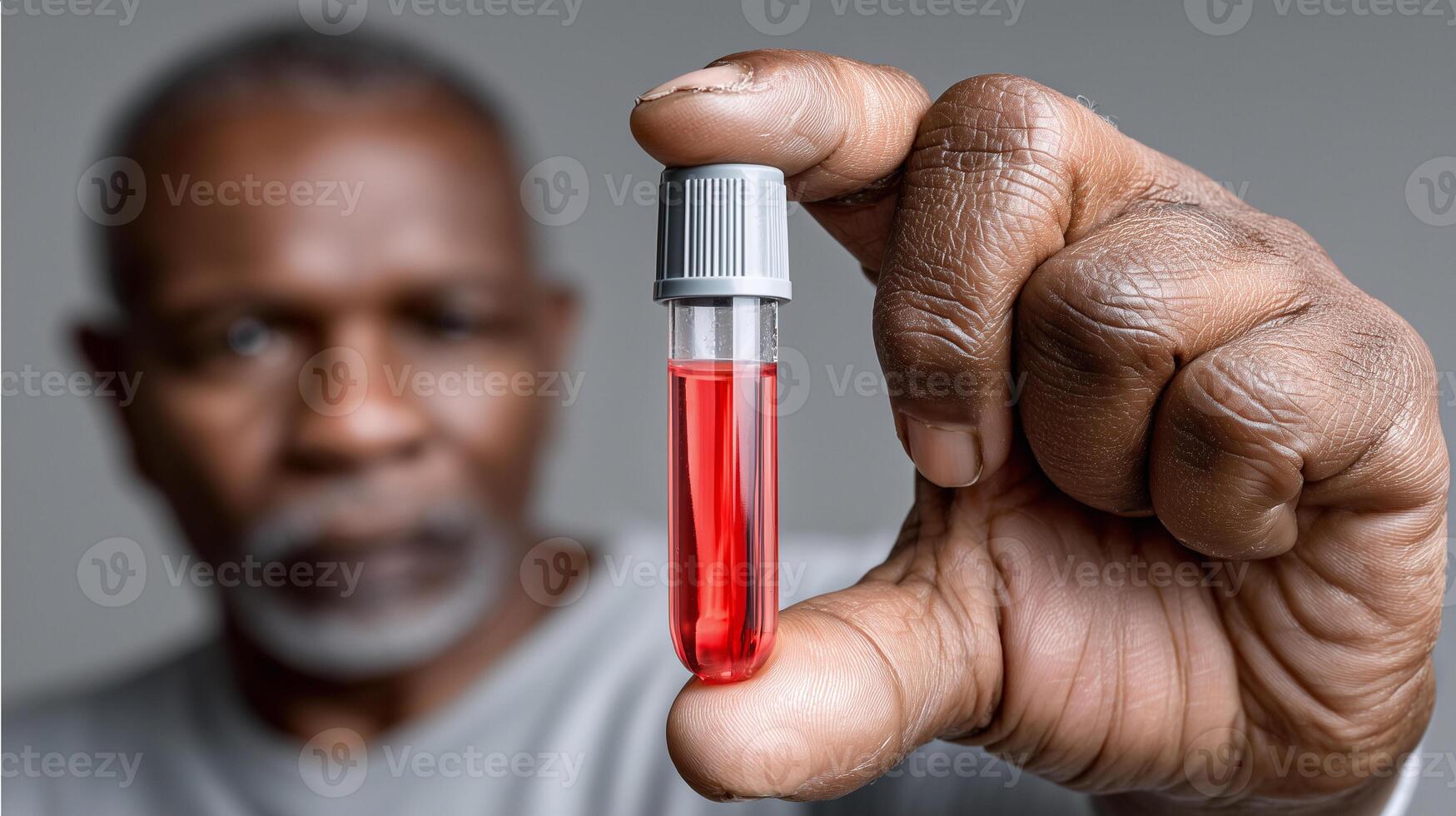 Close up of a hand holding a red liquid test tube with a blank label in a laboratory setting photo